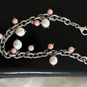Sterling Silver Chain Bracelet with Natural Pearl and Coral Pink Beads!